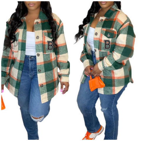 “Brittany” Green/Orange Long Sleeve Shacket
