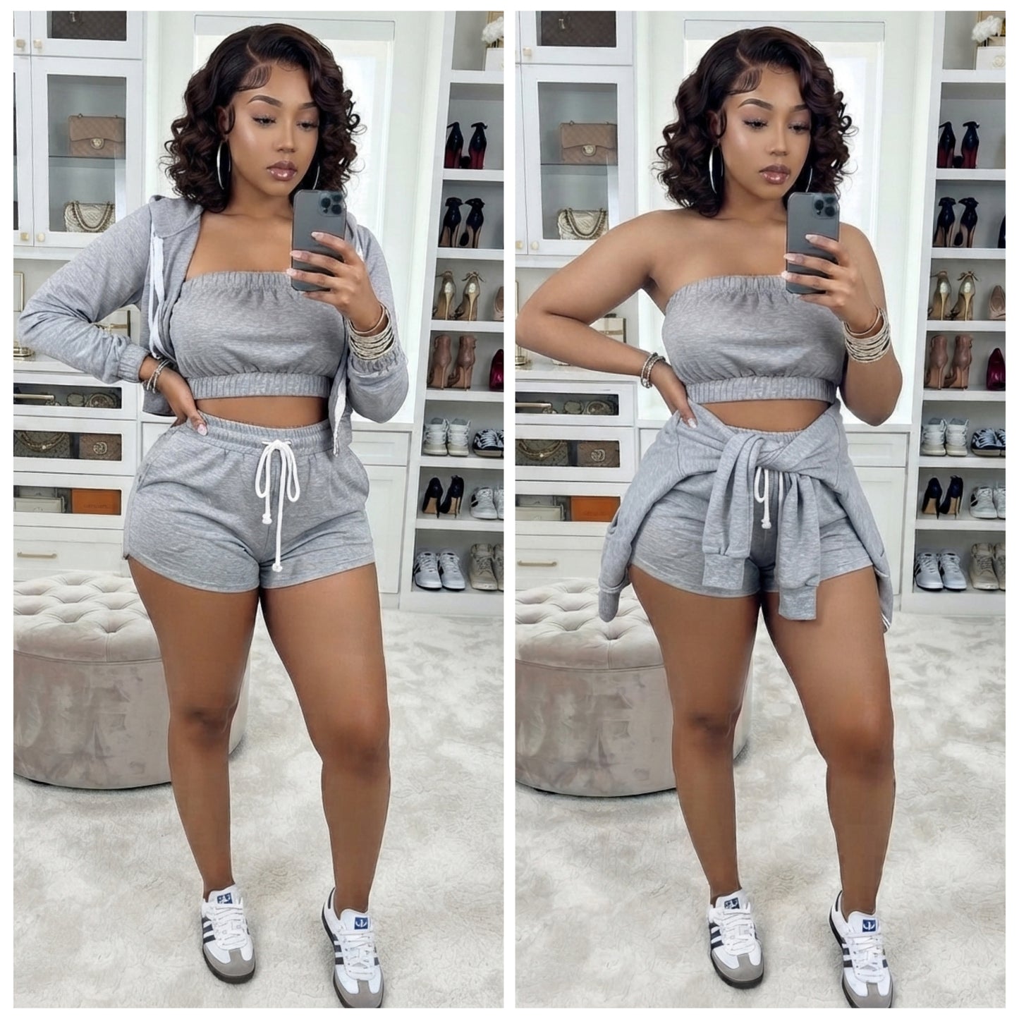 “Nicole” 3 Piece Grey Bandeau Shorts & Zip Jacket Set