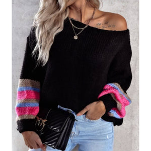 “Sweet Kiss” Stripe Sleeve Knit Black Sweater Top