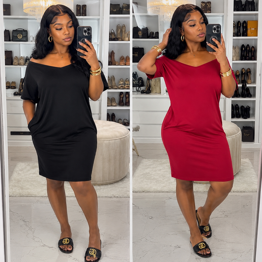 “Dianna” V Neck Short Sleeve Pocket Tee Shirt Dress
