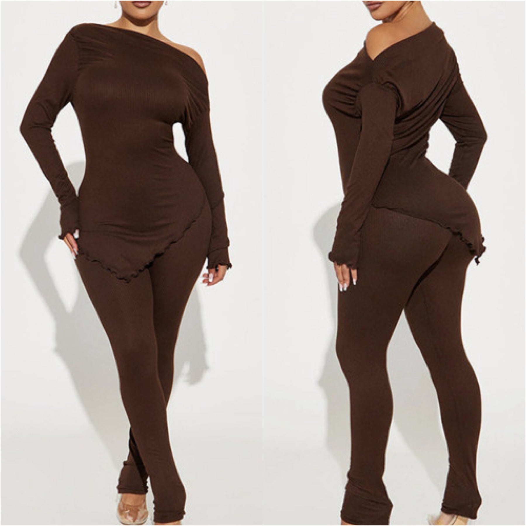 “Godiva” Chocolate Brown Ribbed 2 Piece Long Sleeve Asymmetrical Top & Legging Set
