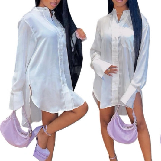 “Destiny” White Long Bell Sleeve Shirt Dress