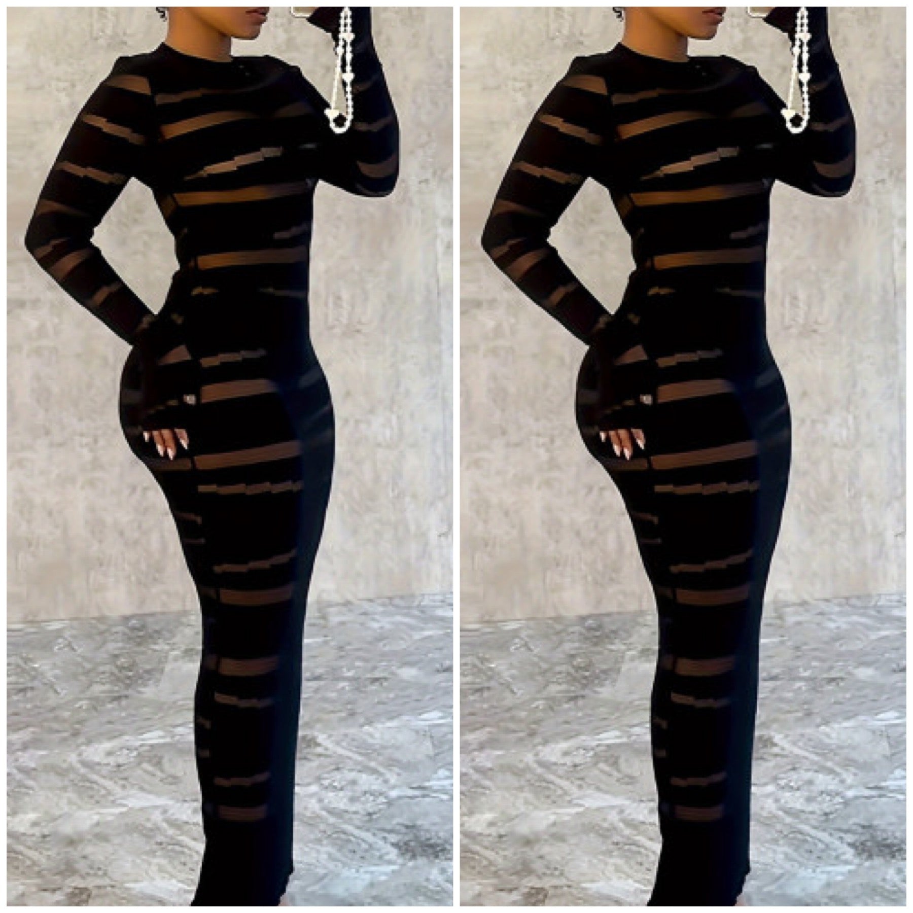 “One Night Only” Black/Brown Stripe Stretch Long Sleeve Maxi Dress