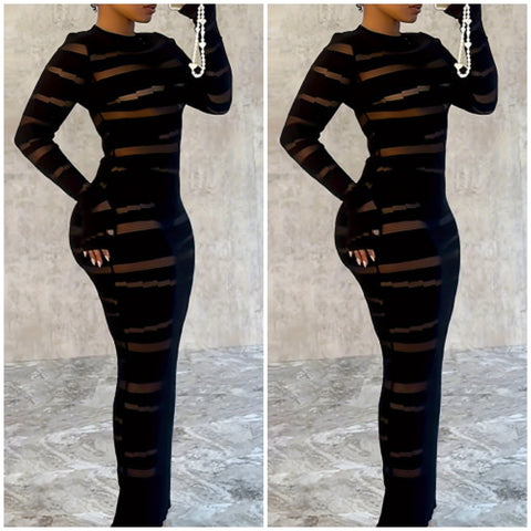 “One Night Only” Black/Brown Stripe Stretch Long Sleeve Maxi Dress