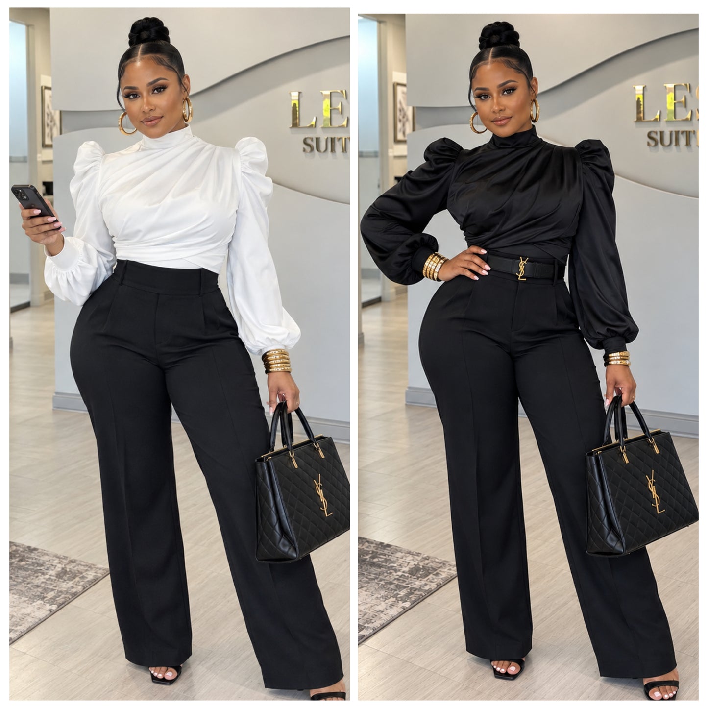 “Corporate Babe” Long Sleeve Puff Shoulder Crop Blouse Top