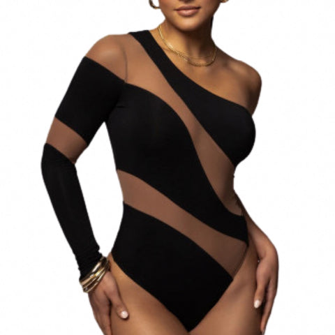 “Nyla” Black One Shoulder Long Sleeve Mesh Bodysuit