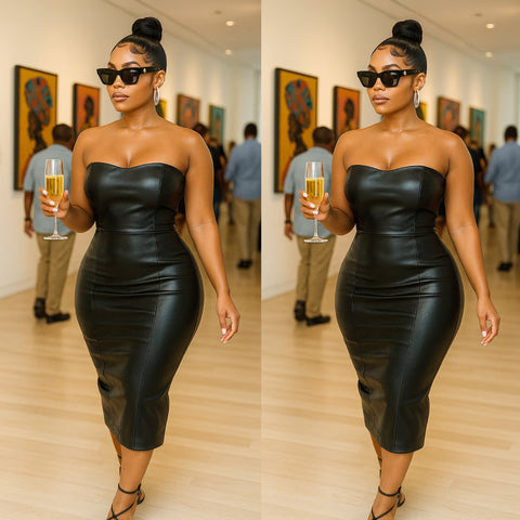 “Carísima” Black Faux Leather Tube Dress