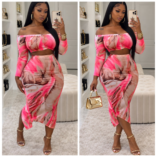 “Sweet Illusion” Pink Mesh 2 Piece Skirt Set