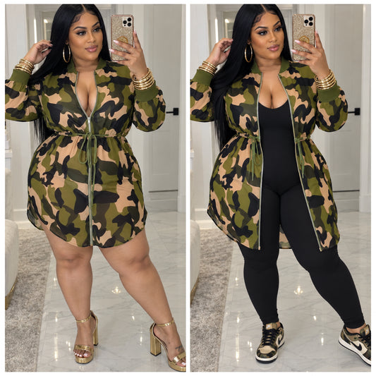 Camouflage Long Sleeve Drawstring Zip Dress / Jacket