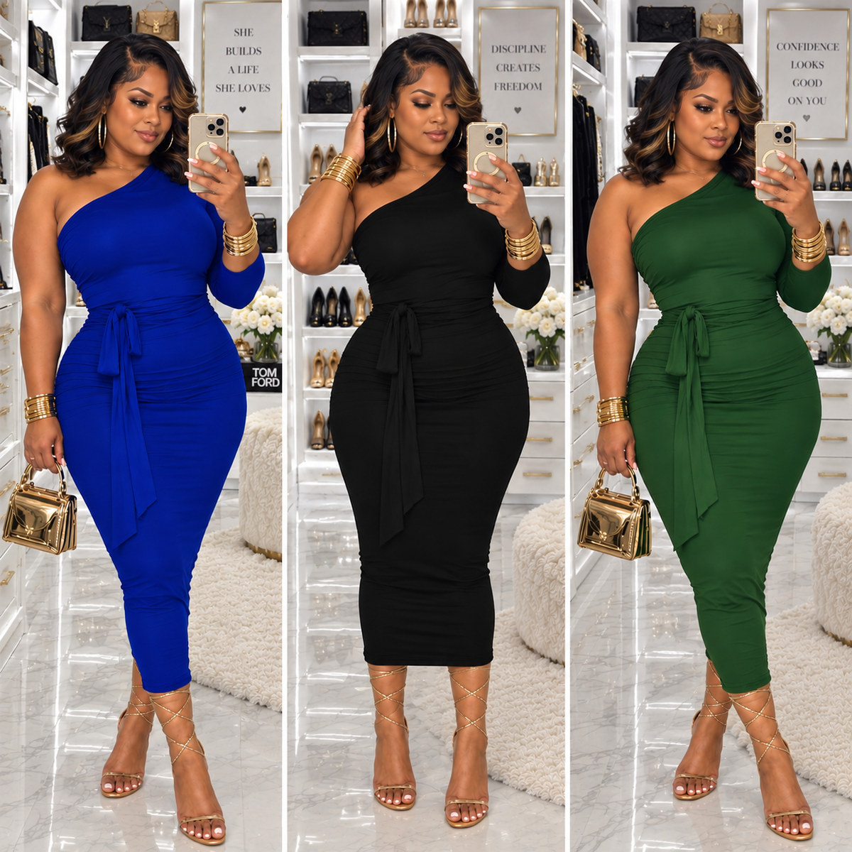 “Body Talk” One Shoulder Long Sleeve Belted Midi Dress