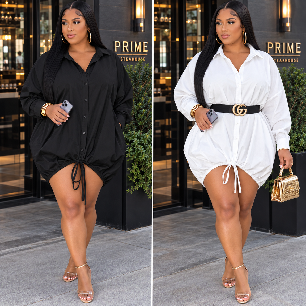 “Power Play” Button Down Ruched Shirt Dress