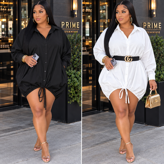 “Power Play” Button Down Ruched Drawstring Shirt Dress