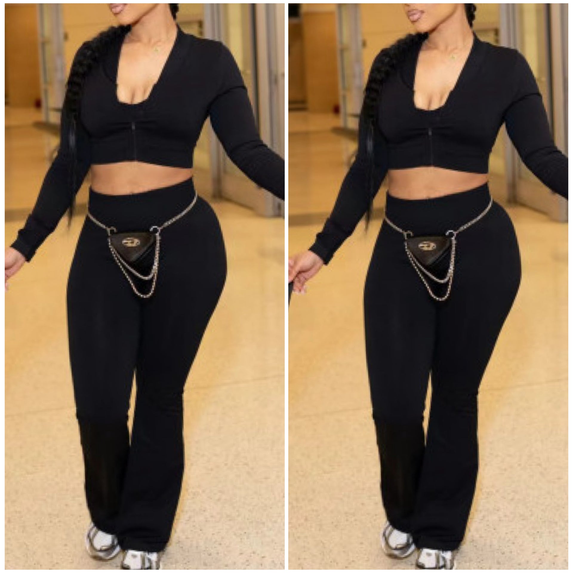 “Checked In” Black Cotton 3 Piece Sports Bra & Flared Pant Set