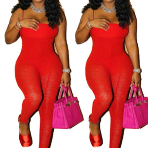 “Fire” Red Lace Spaghetti Strap Jumpsuit