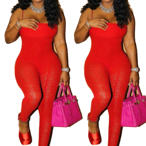 “Fire” Red Lace Spaghetti Strap Jumpsuit