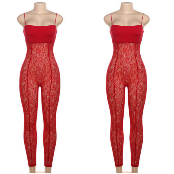 “Fire” Red Lace Spaghetti Strap Jumpsuit