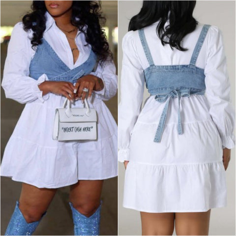 “Suzie” 2 Piece Baby Doll White Dress & Denim Cross Top