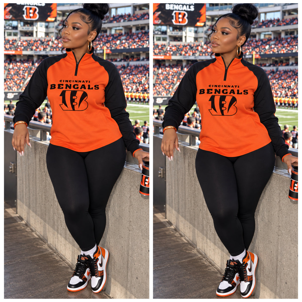 Long Sleeve Color Block Orange/Dark Grey Bengals Zip Pullover