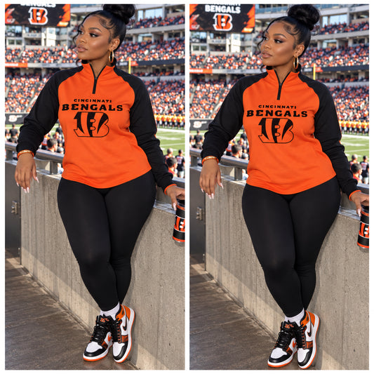 Long Sleeve Color Block Orange/Dark Grey Bengals Zip Pullover