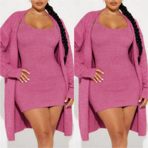 “Savannah” Pink Fuzzy Knit 2 Piece Cardigan & Mini Dress