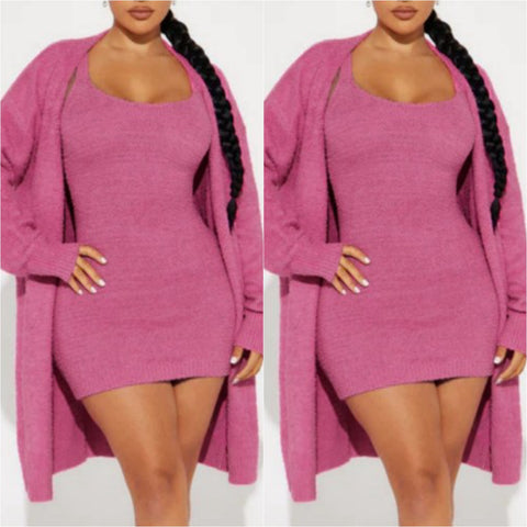 “Savannah” Pink Fuzzy Knit 2 Piece Cardigan & Mini Dress
