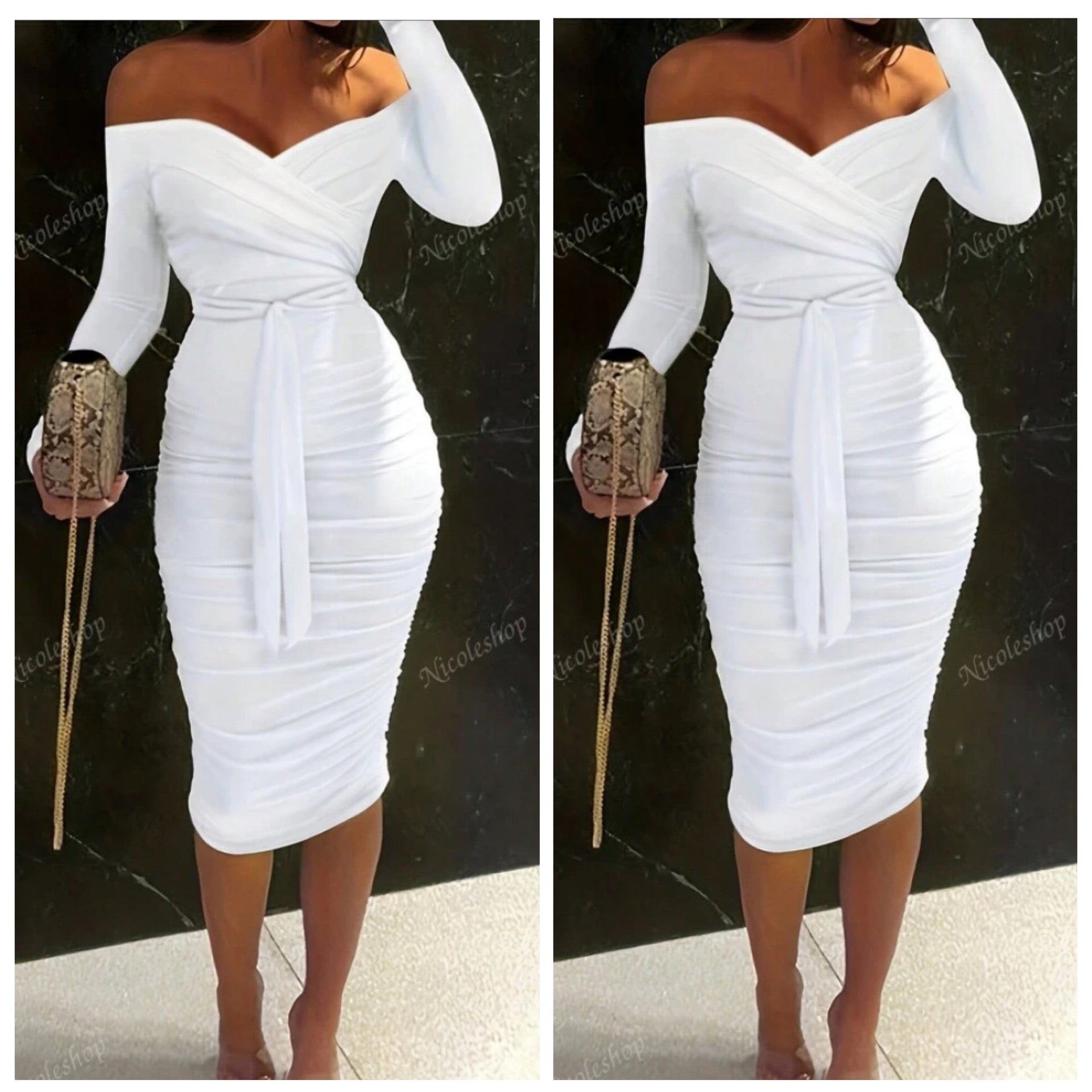 “Classy” Off the Shoulder Tie Midi Dress