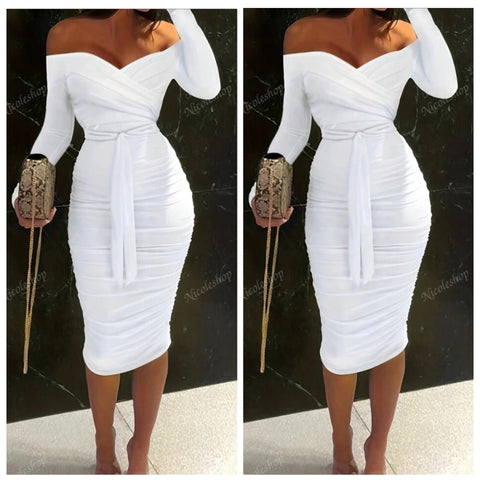 “Classy” Off the Shoulder Tie Midi Dress