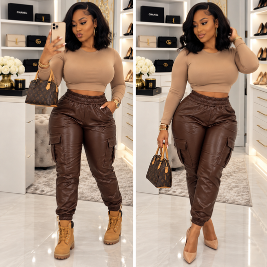 Chocolate Brown Faux Leather Cargo Joggers