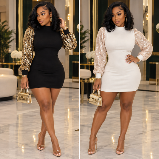 “Sparkle” Gold Sequin Long Sleeve Sleeve Cocktail Dress