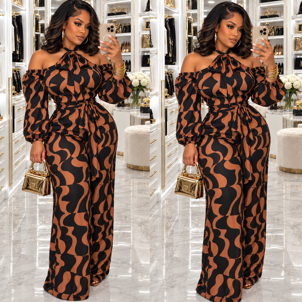 “Mocah Motion” Brown/Black Off the Shoulder Long Sleeve Jumpsuit
