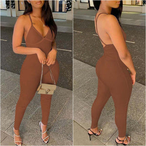 “Zoey” Light Brown Criss Cross Back Ribbed Jumpsuit