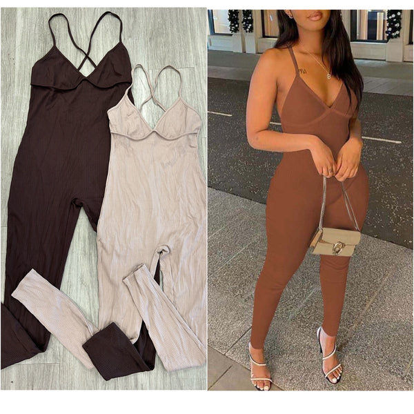 “Zoey” Light Brown Criss Cross Back Ribbed Jumpsuit