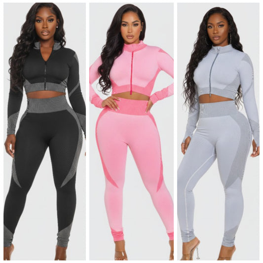 Diamond Texture 2 Piece Crop Zip Jacket & Compression Legging Set