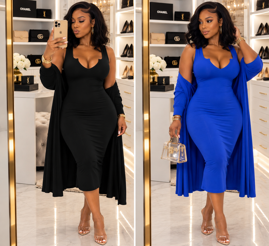 “So Sophisticated” 2 Piece Tank Midi Dress & Cardigan Set