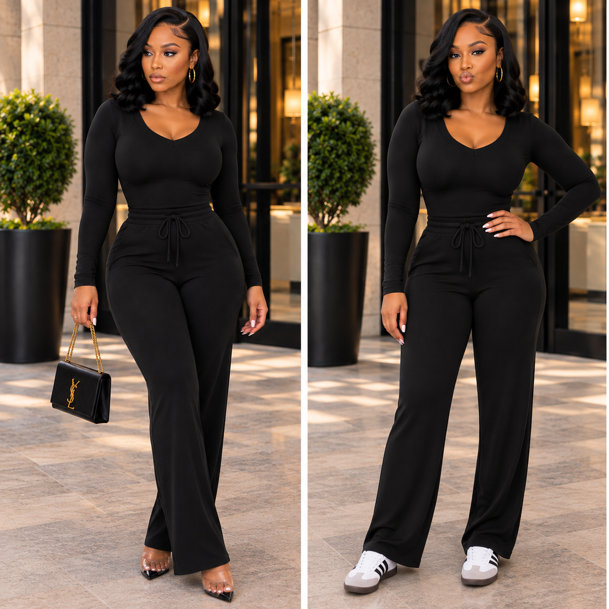 “Versatile Style” Black Long Sleeve Bodysuit & Wide Leg Pant Set