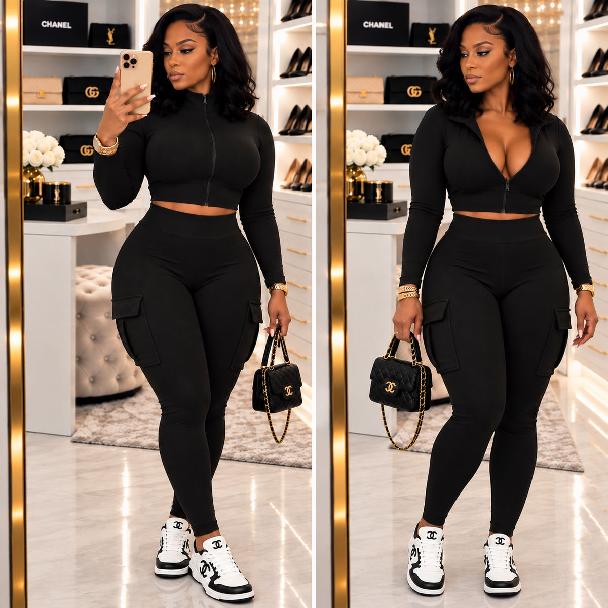 “Nikki” Black Ribbed 2 Piece Athletic Cargo Legging and Zip Crop Jacket Set