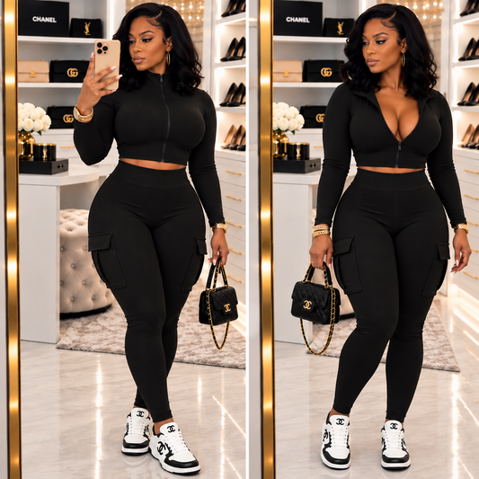 “Nikki” Black Ribbed 2 Piece Athletic Cargo Legging and Zip Crop Jacket Set