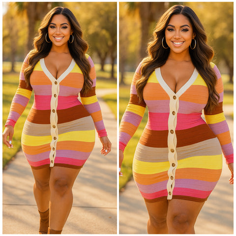 “Destiny” Long Sleeve Stripe Button Down Mini Dress