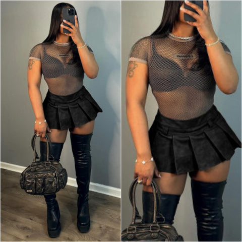 Charcoal Gray Faux Leather Mini Tennis Skirt