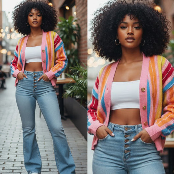 “Lollipop” Rainbow Stripe Button Sweater