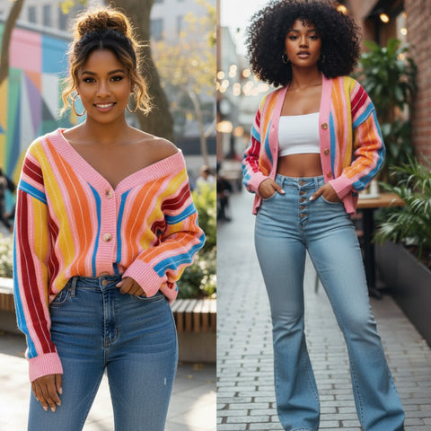 “Lollipop” Rainbow Stripe Button Sweater