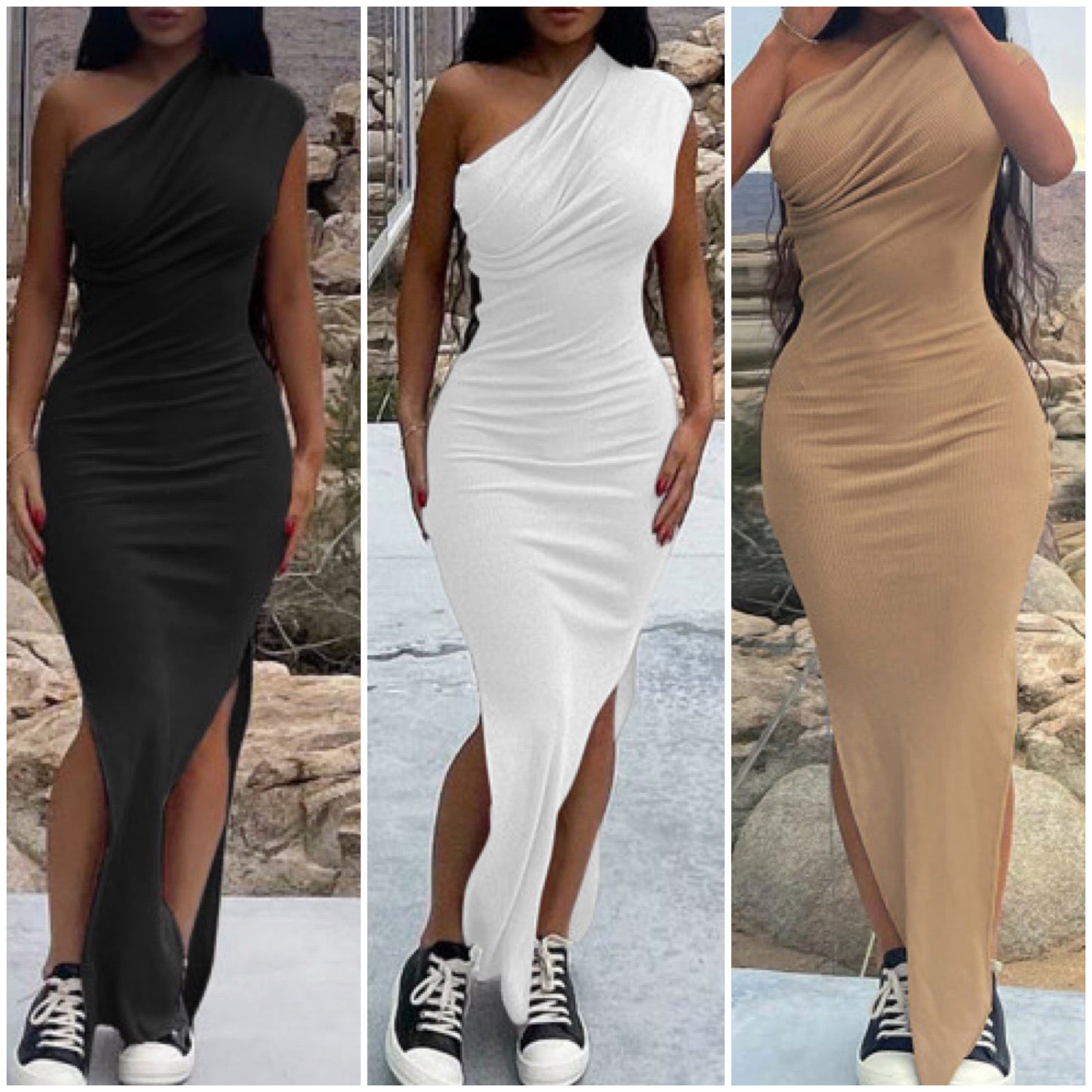 “London” One Shoulder Double Split Ribbed Maxi Dress