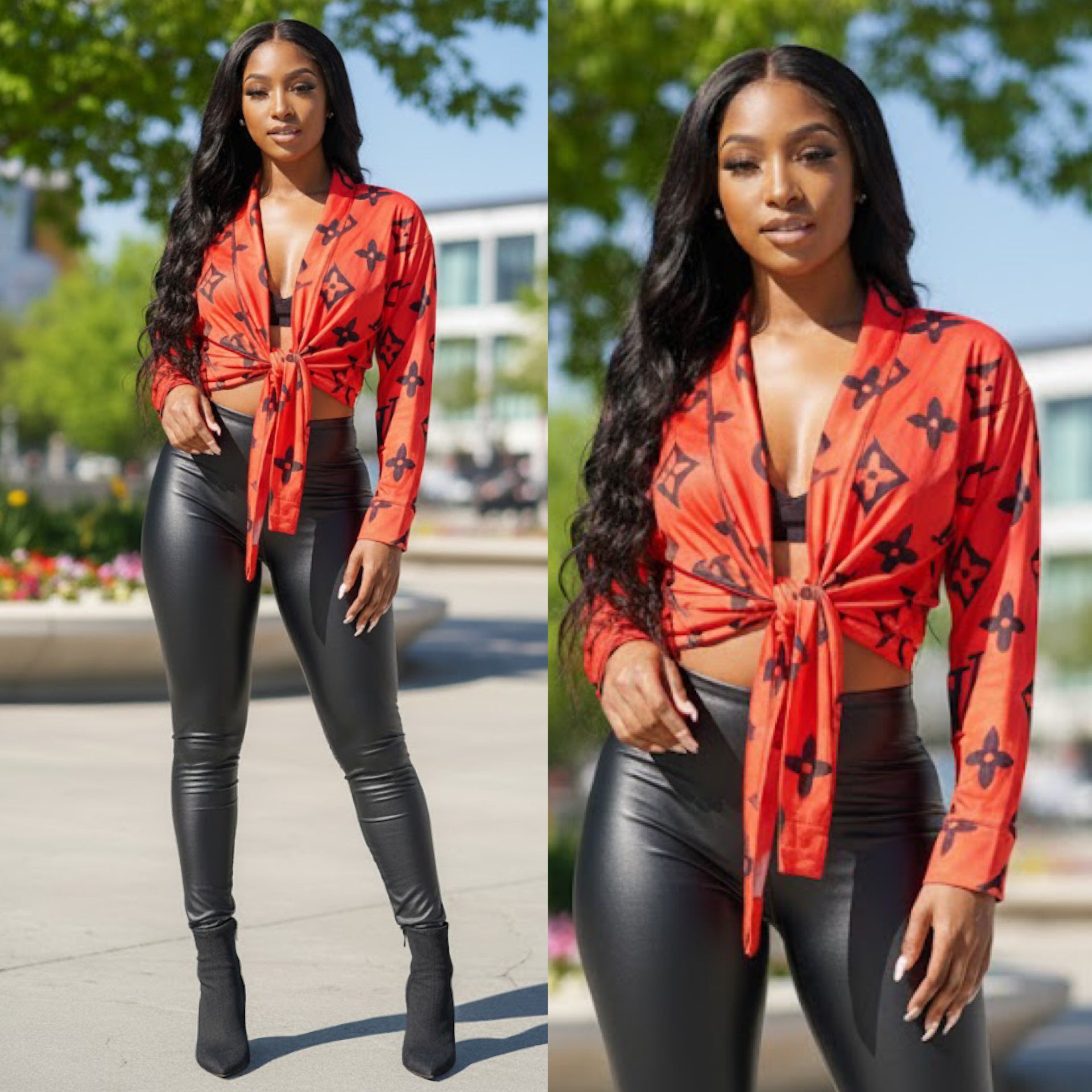 “Wrapped” Red/Black Long Sleeve Print Split Tie Top Shirt