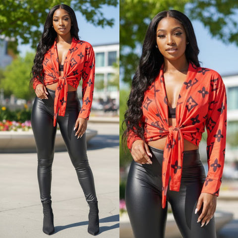 “Wrapped” Red/Black Long Sleeve Print Split Tie Top Shirt