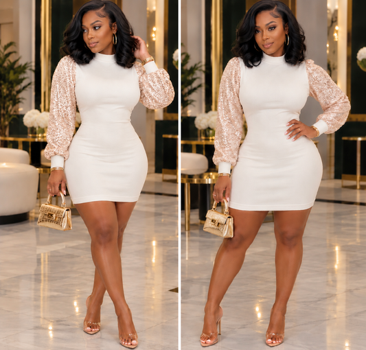 “Sparkle” Gold Sequin Long Sleeve Sleeve Cocktail Dress