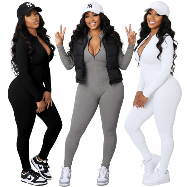 “Jump On It” Ribbed Zipper Long Sleeve Womens Jumpsuit