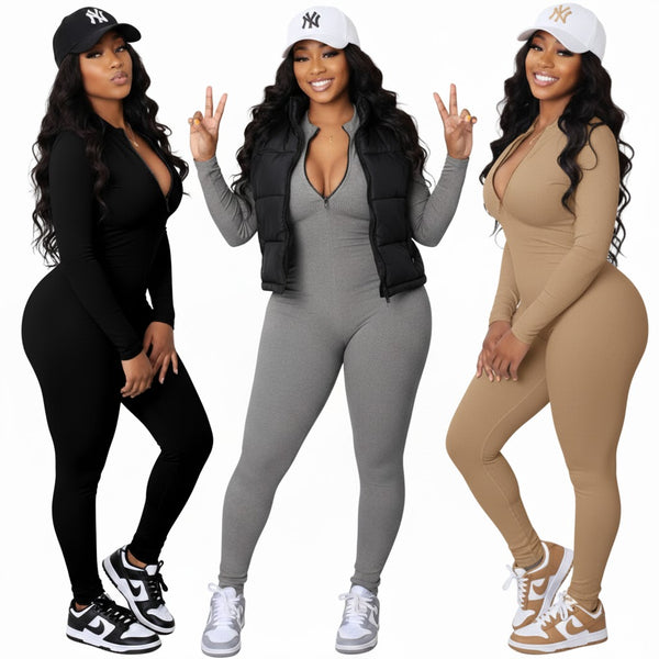 “Jump On It” Ribbed Zipper Long Sleeve Womens Jumpsuit
