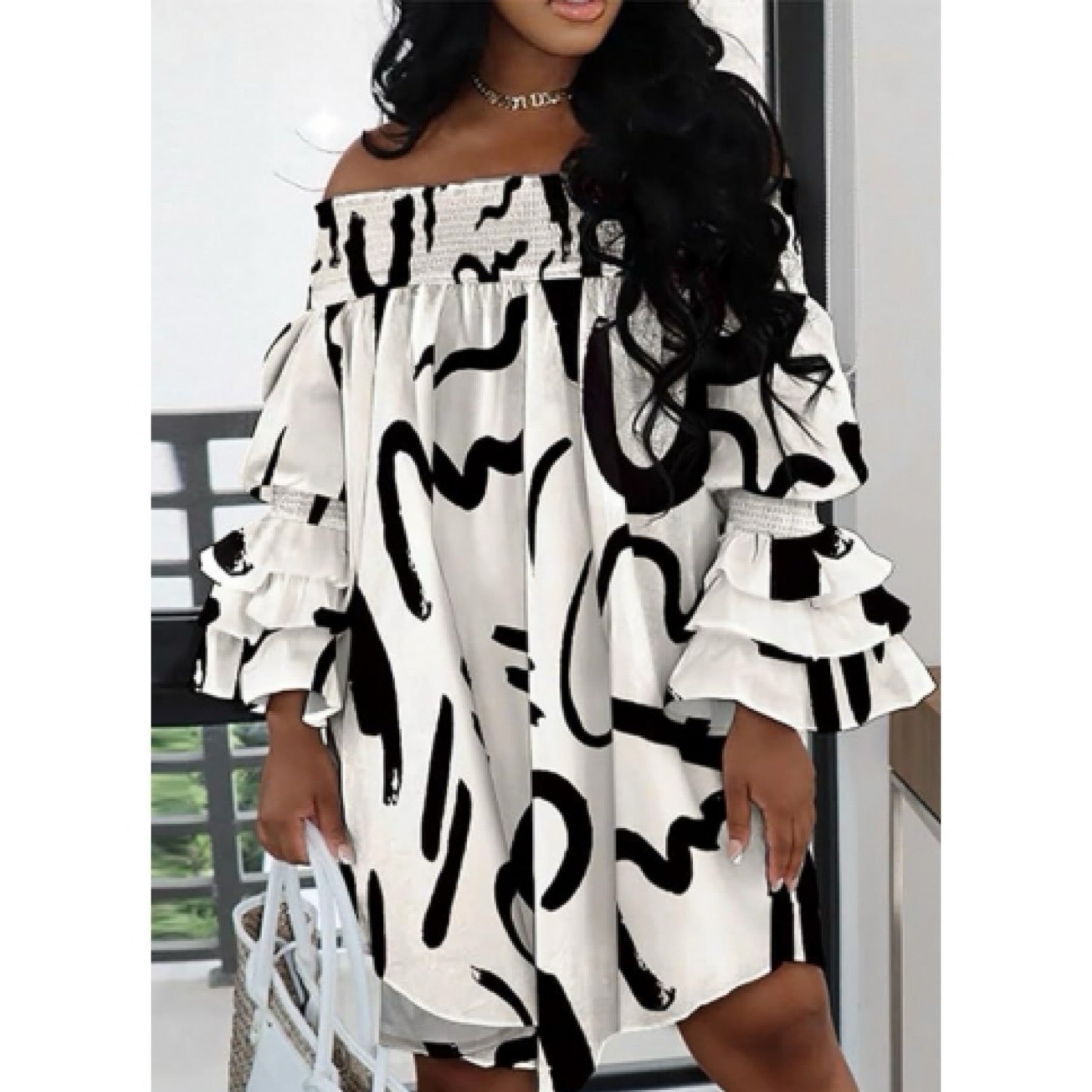 “A piece of Art” Off the Shoulder Ruffle Sleeve Dress