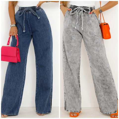 “Kimmy” Drawstring Denim Wide Leg Split Pants