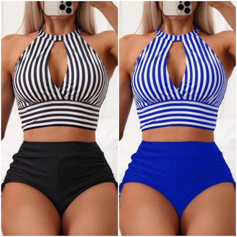 “Marilyn” Stripe High Waist Boyshort Swim 2 Piece Set